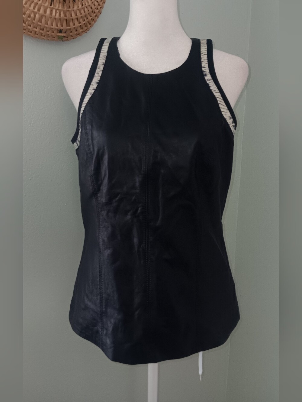 Helmut Lang Black Leather Racerback Tank with Python Contrast Trim